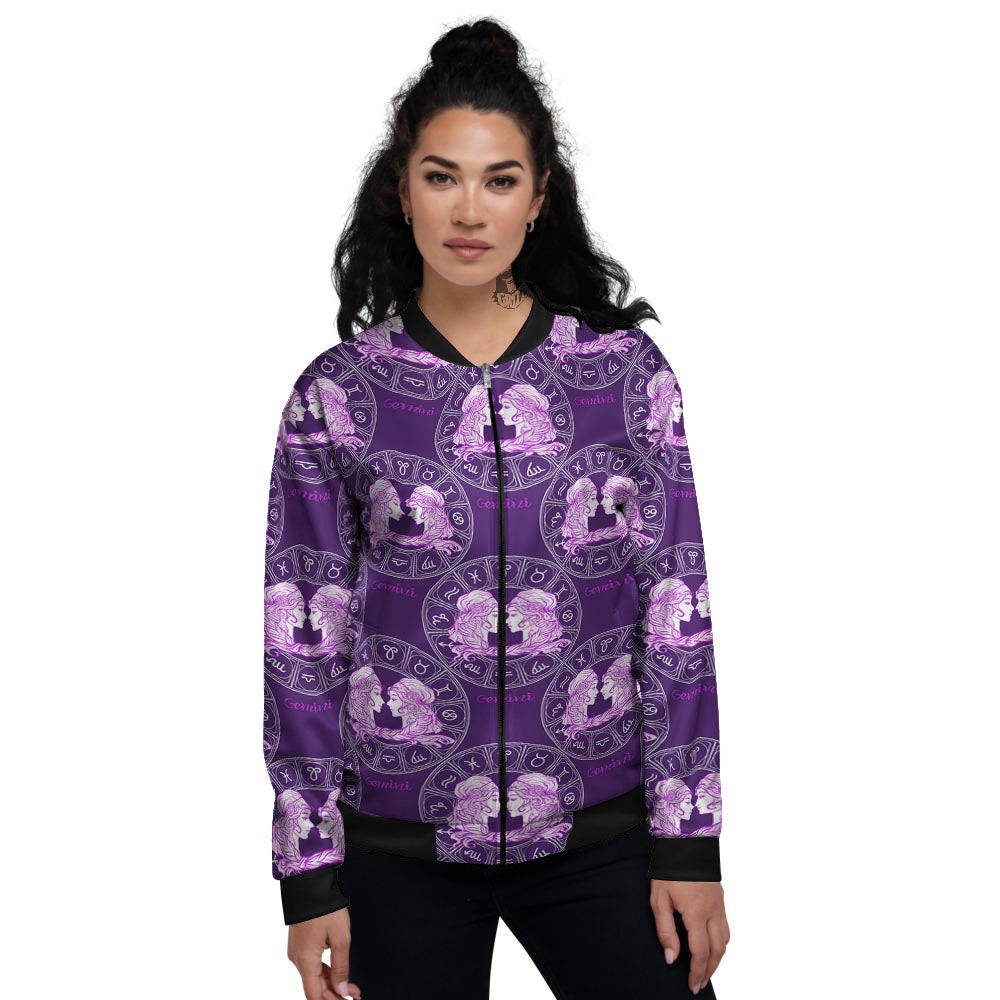 Zodiac Gemini Purple Print Pattern Women's Bomber Jacket-grizzshop