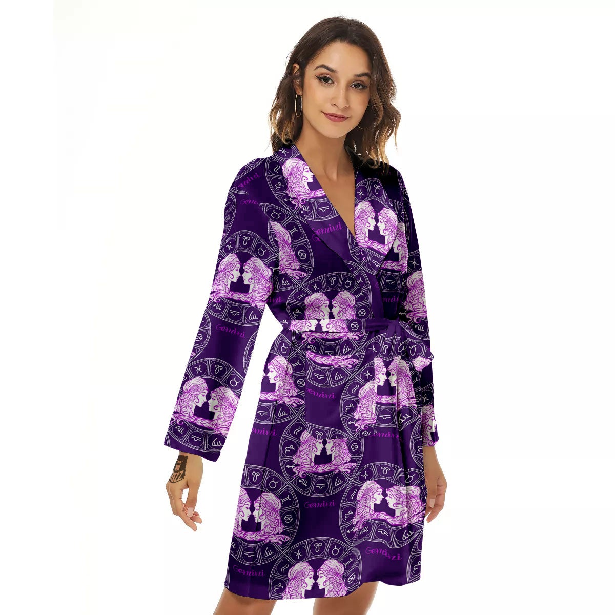 Zodiac Gemini Purple Print Pattern Women's Robe-grizzshop