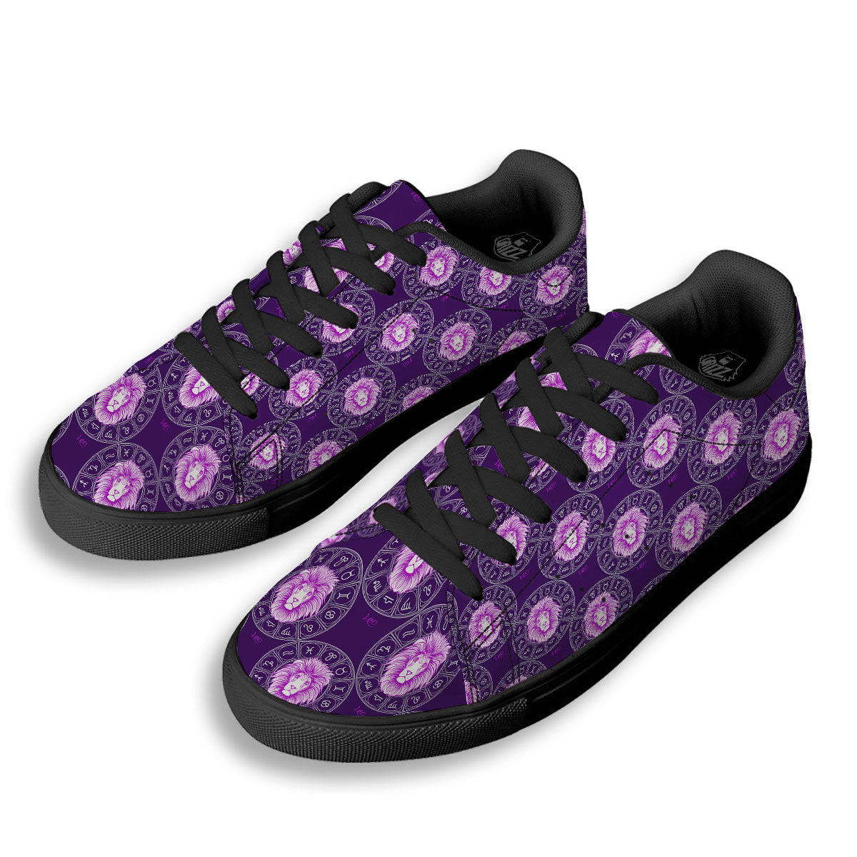 Zodiac Leo Purple Print Pattern Black Low Top Sneakers-grizzshop