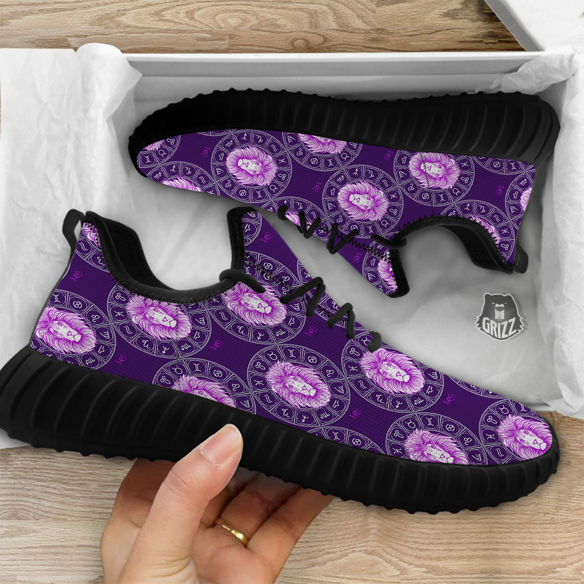 Zodiac Leo Purple Print Pattern Black Walking Shoes-grizzshop