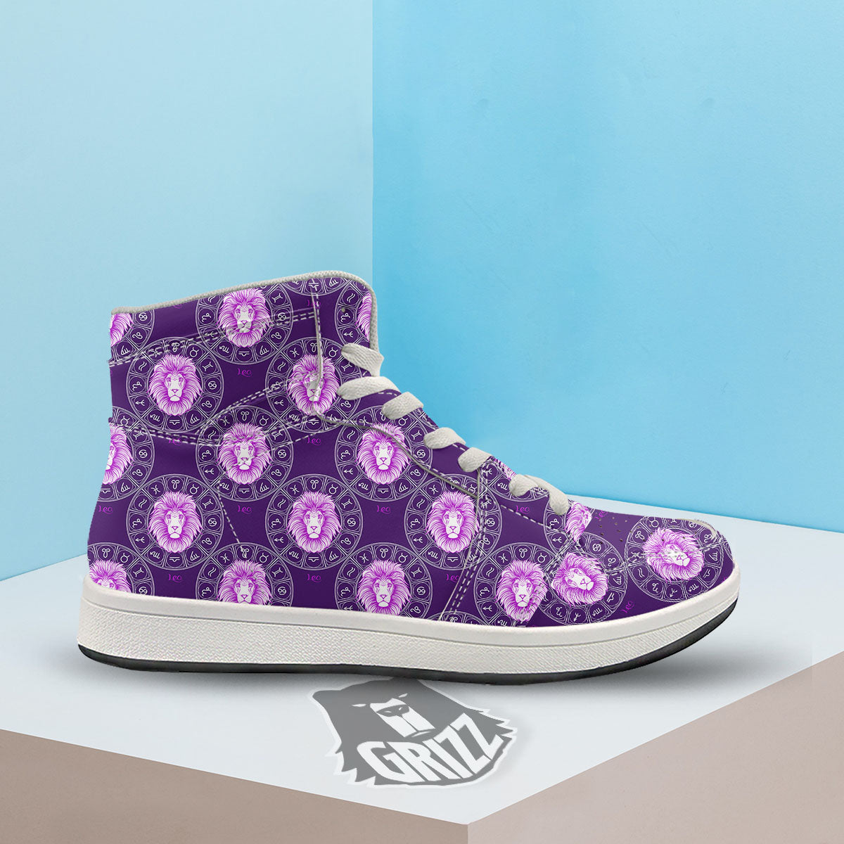 Zodiac Leo Purple Print Pattern High Top Sneakers-grizzshop