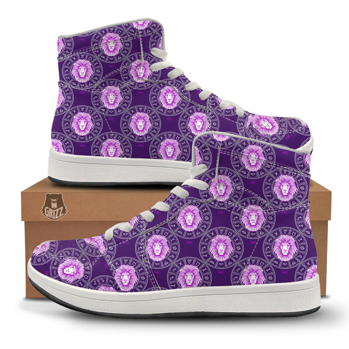 Zodiac Leo Purple Print Pattern High Top Sneakers-grizzshop