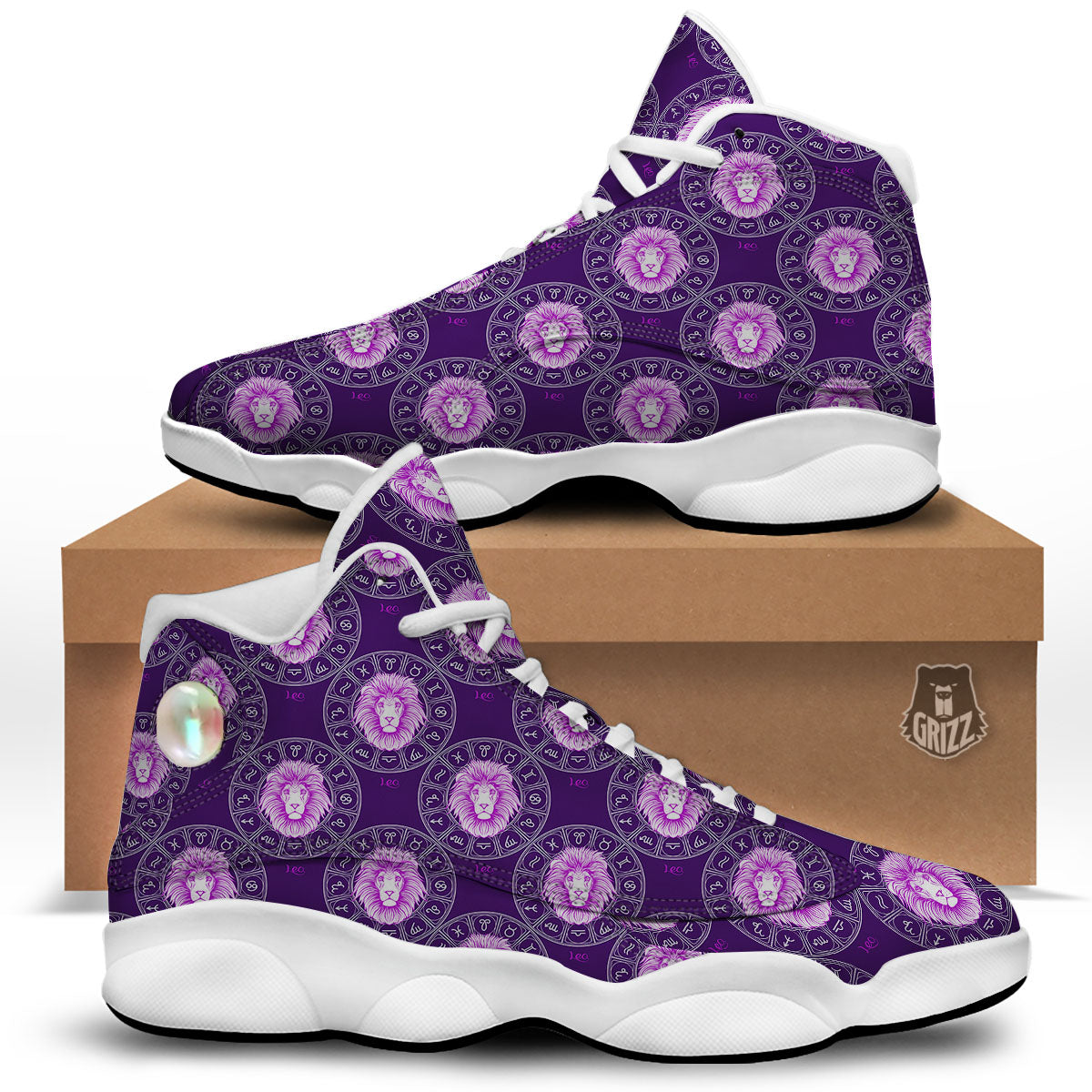 Zodiac Leo Purple Print Pattern White Basketball Shoes-grizzshop