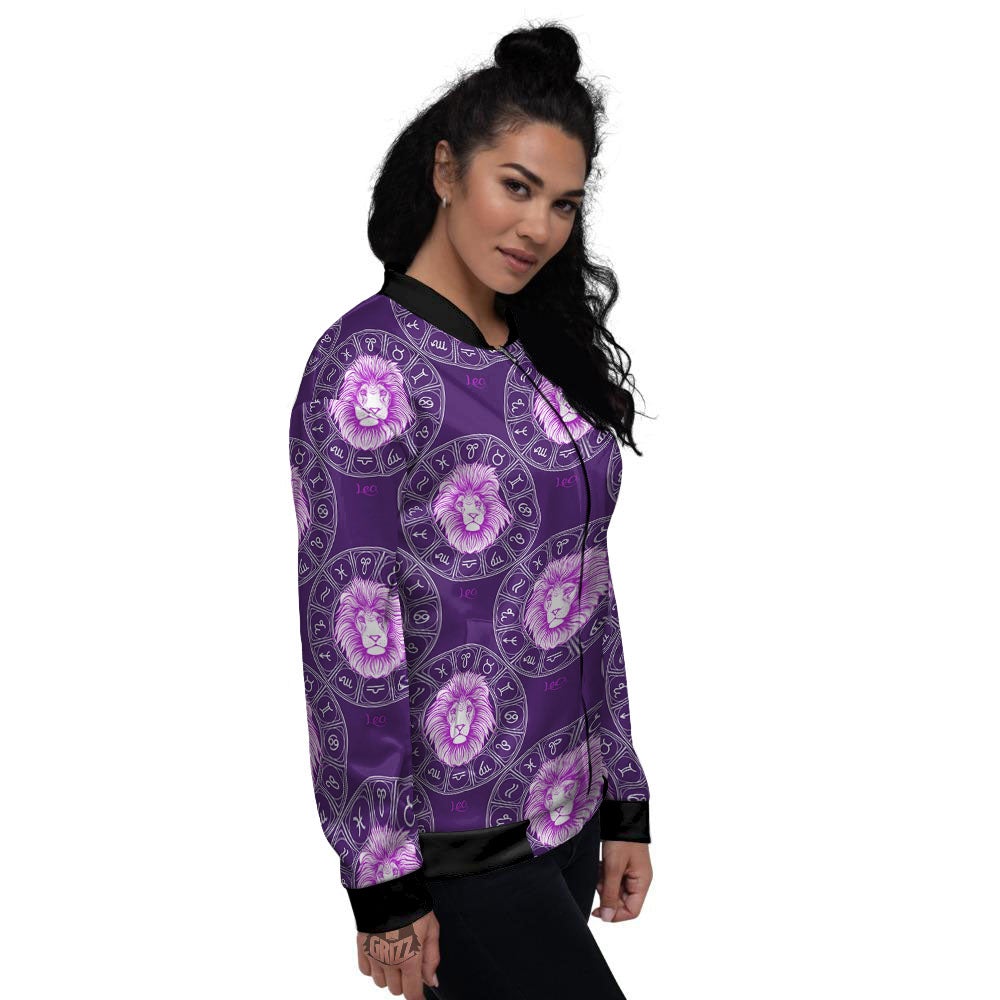 Zodiac Leo Purple Print Pattern Women's Bomber Jacket-grizzshop