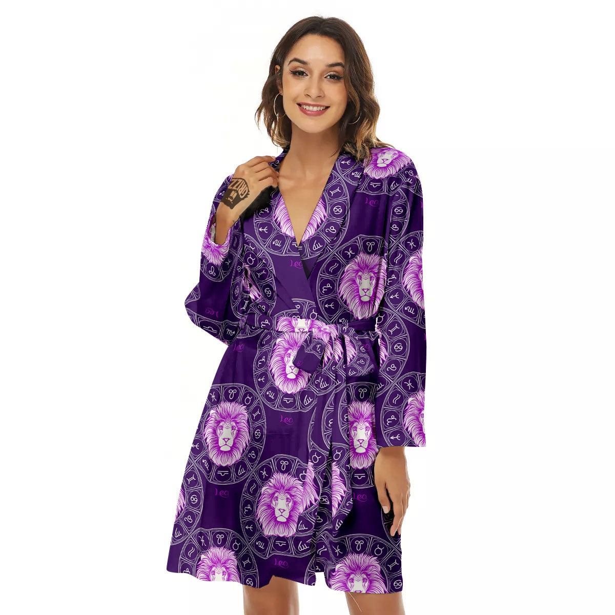 Zodiac Leo Purple Print Pattern Women's Robe-grizzshop