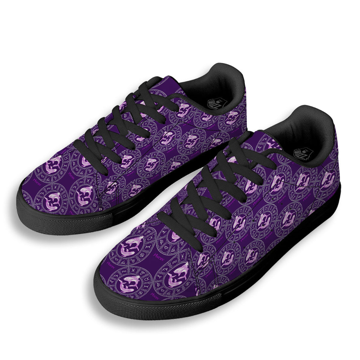 Zodiac Pisces Purple Print Pattern Black Low Top Sneakers-grizzshop