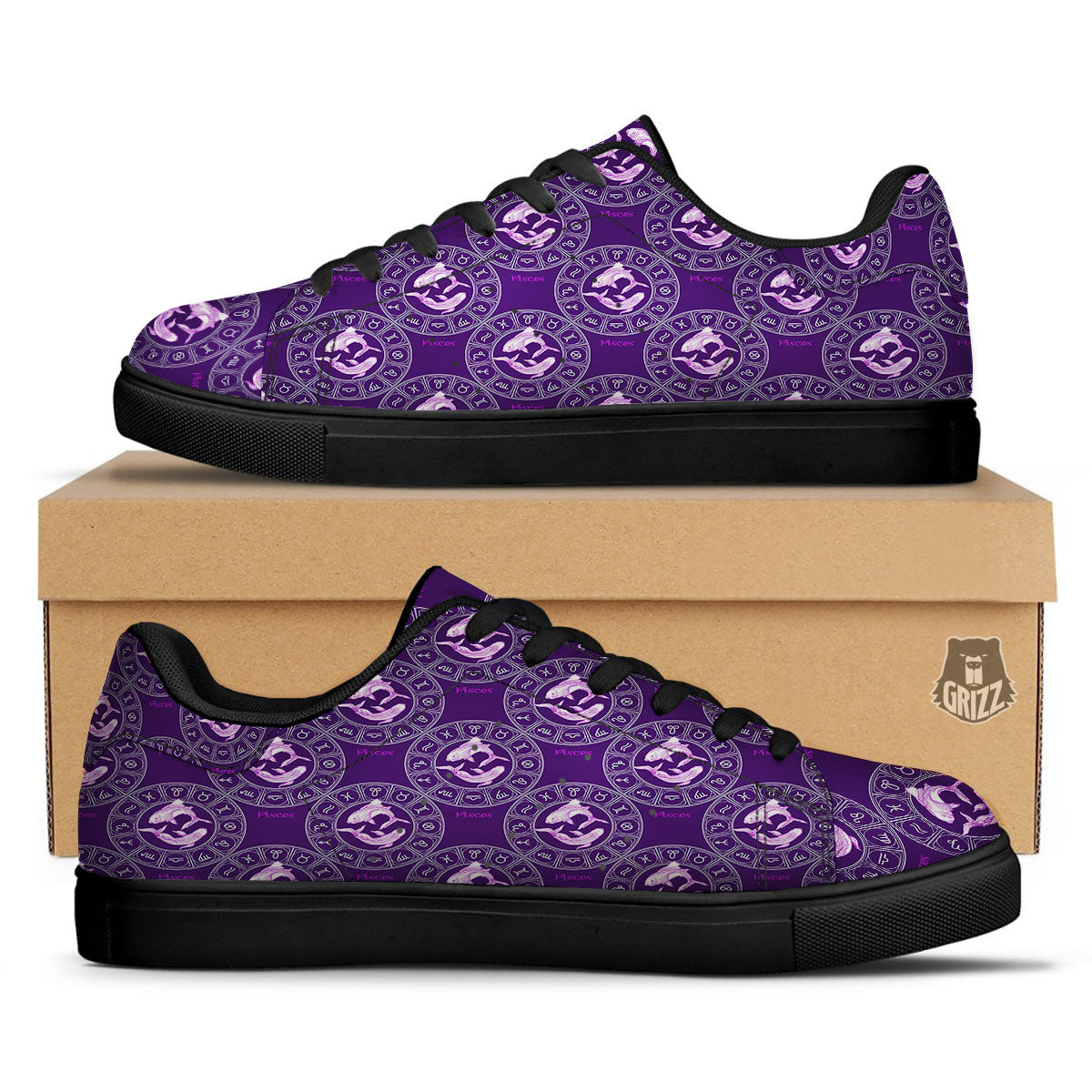 Zodiac Pisces Purple Print Pattern Black Low Top Sneakers-grizzshop