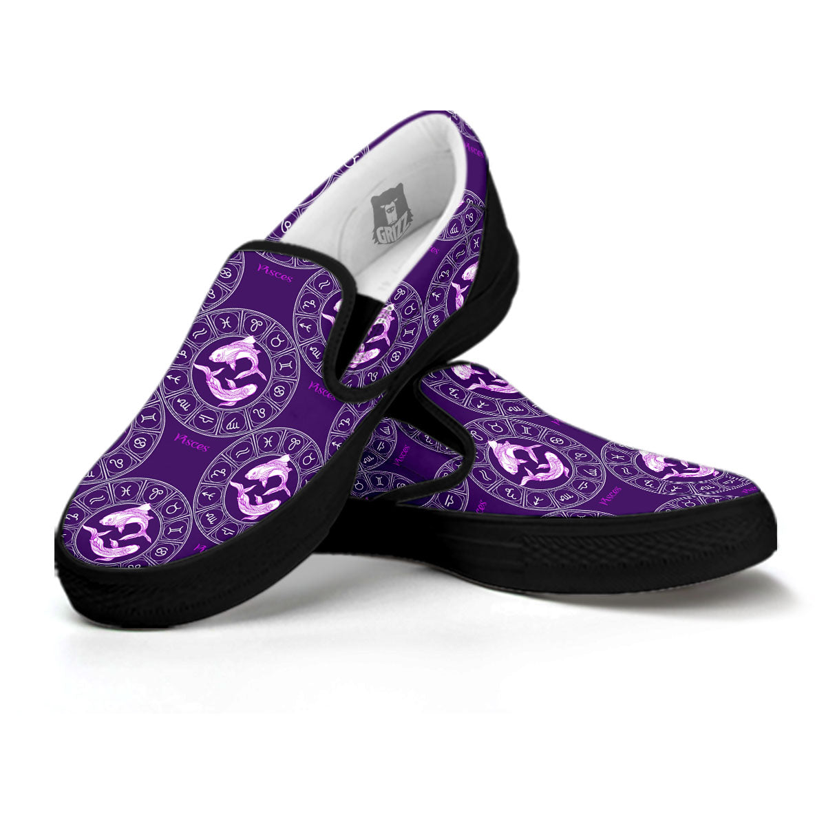 Zodiac Pisces Purple Print Pattern Black Slip On Shoes-grizzshop