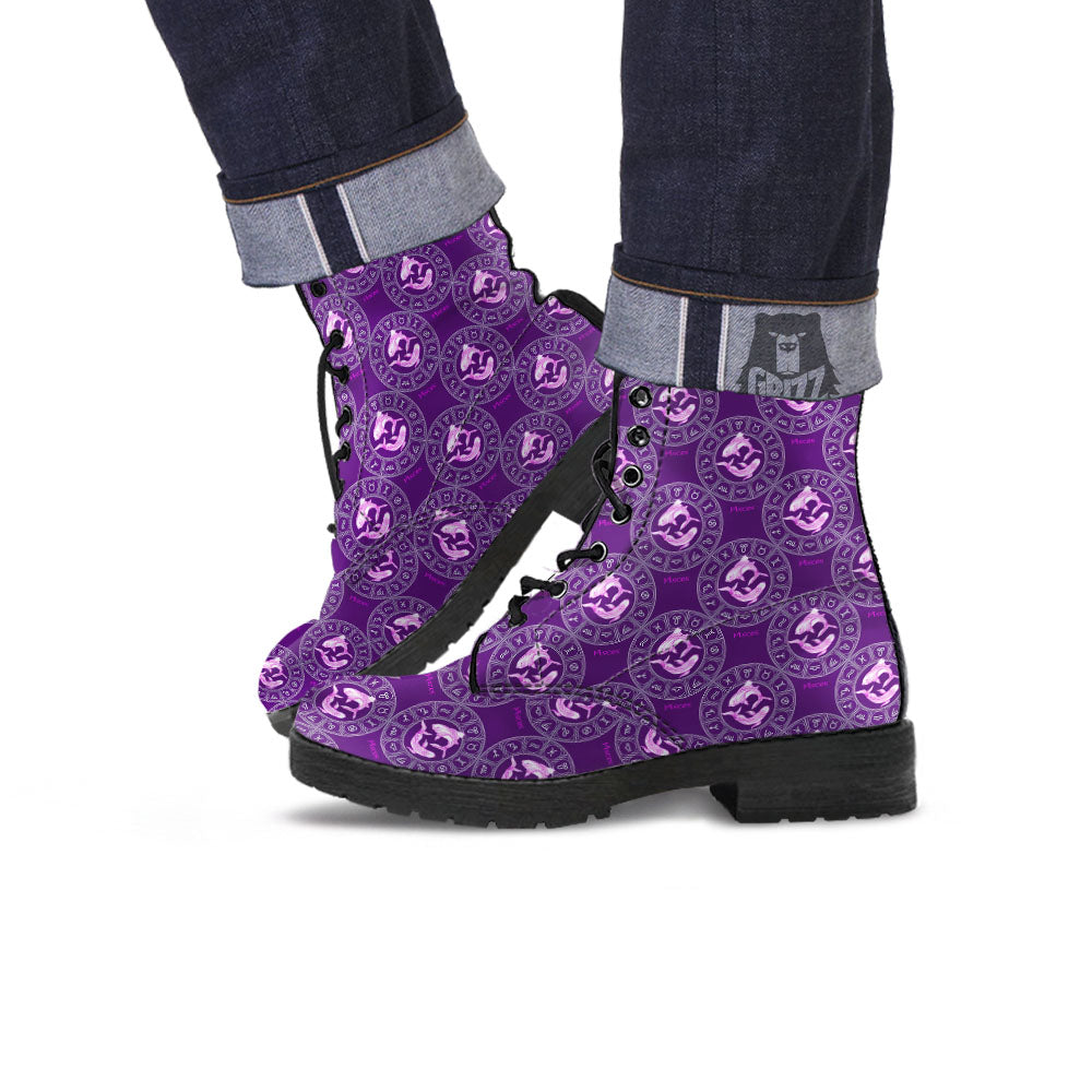 Zodiac Pisces Purple Print Pattern Leather Boots-grizzshop