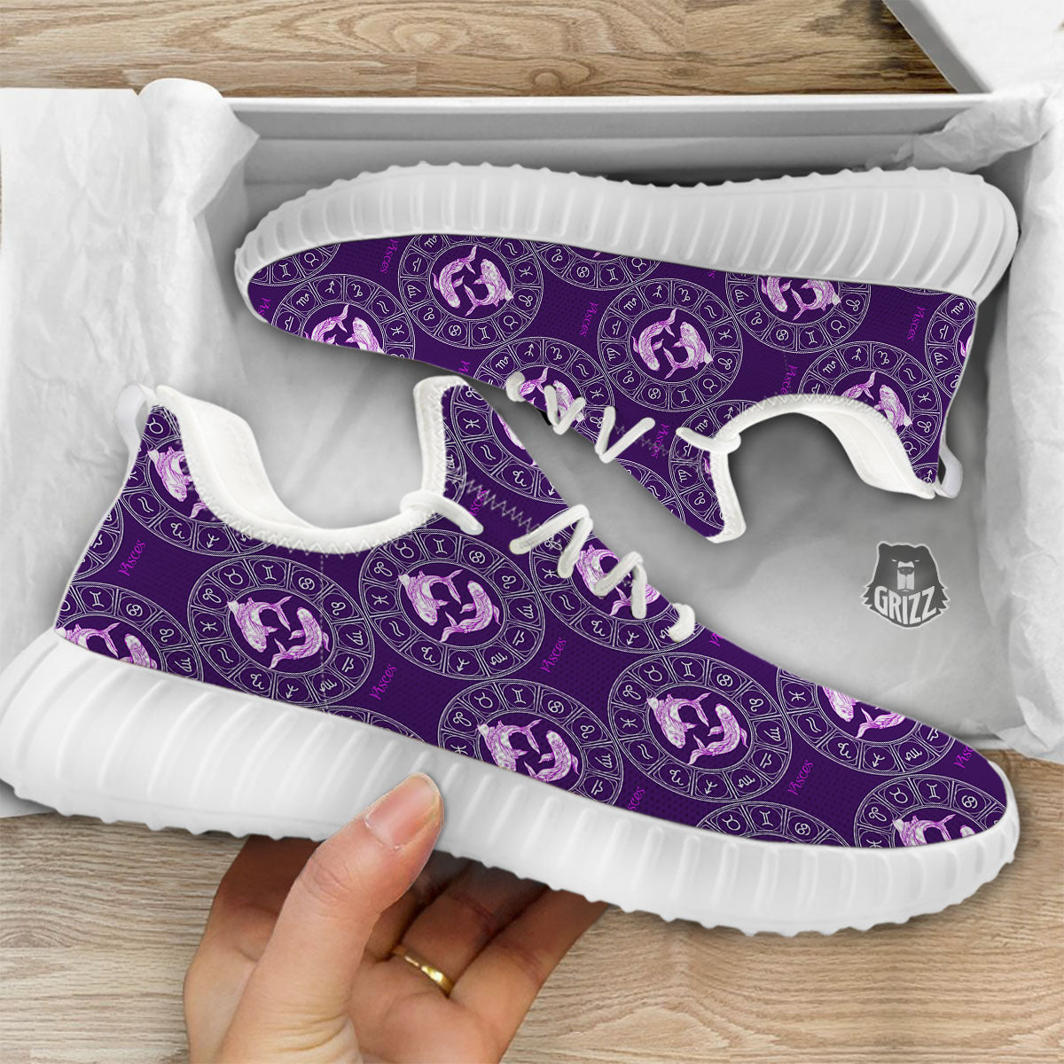 Zodiac Pisces Purple Print Pattern White Walking Shoes-grizzshop
