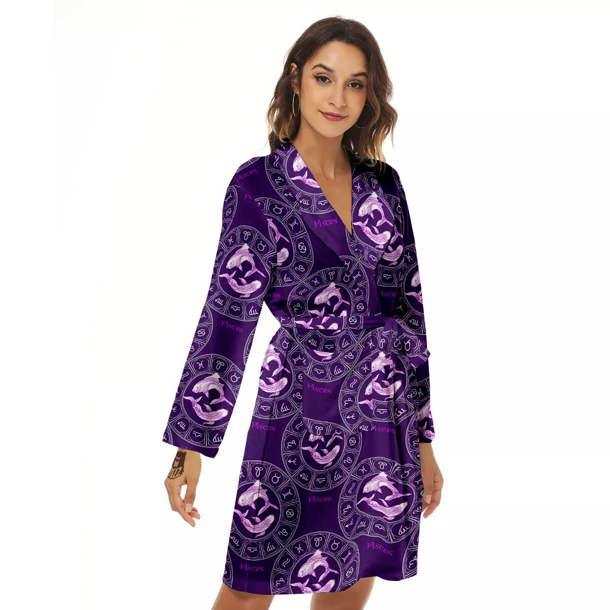 Zodiac Pisces Purple Print Pattern Women's Robe-grizzshop