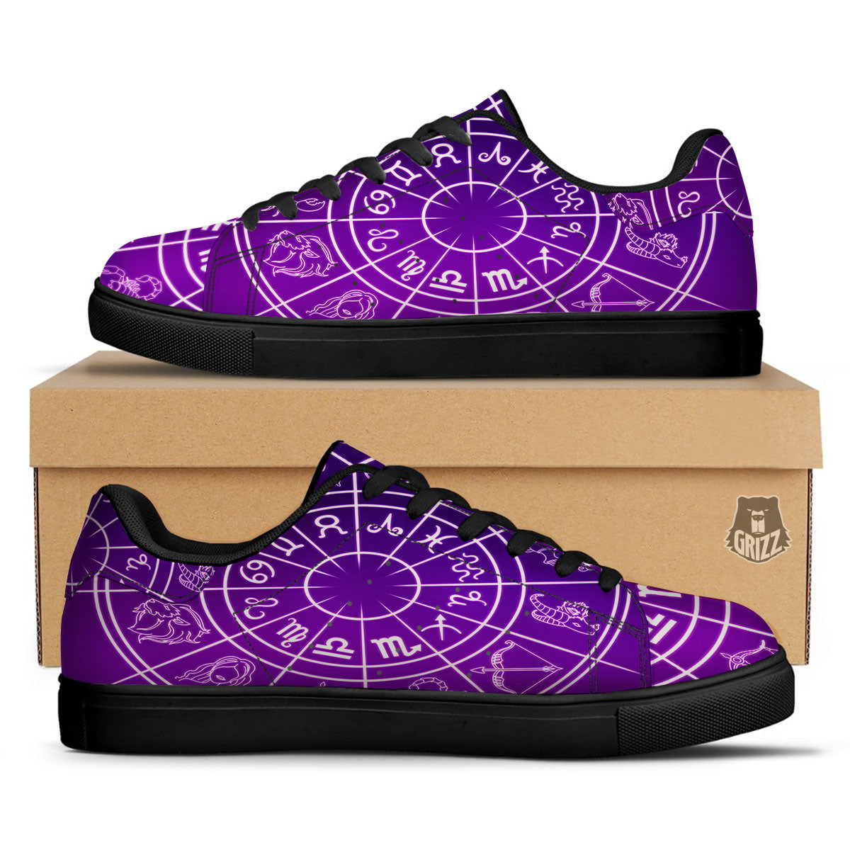 Zodiac Purple And White Signs Print Black Low Top Sneakers-grizzshop