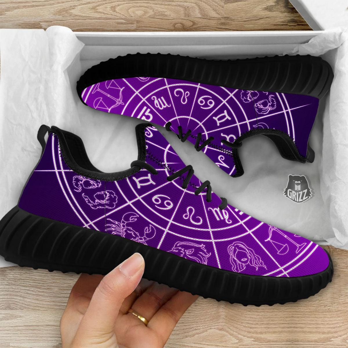 Zodiac Purple And White Signs Print Black Walking Shoes-grizzshop