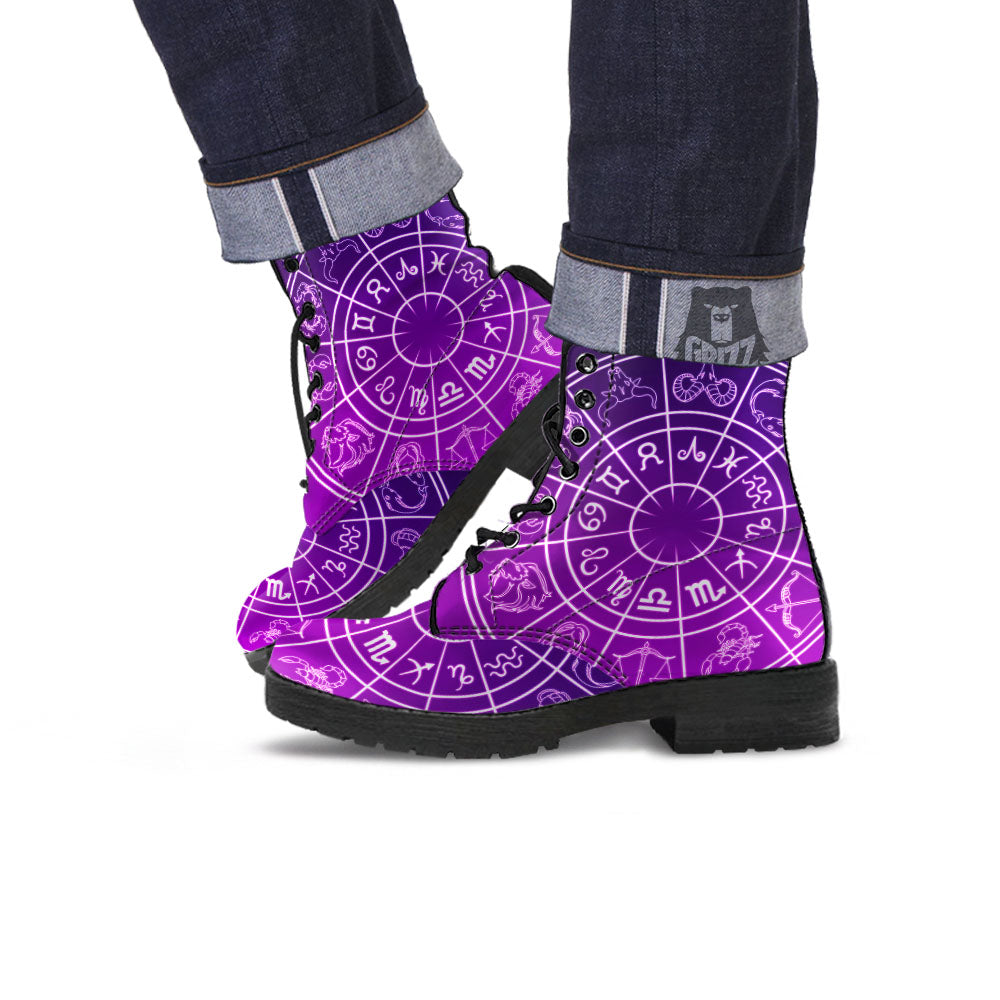 Zodiac Purple And White Signs Print Leather Boots-grizzshop