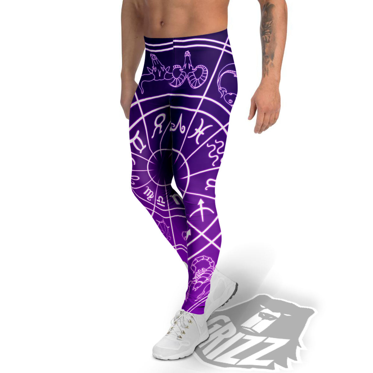 Zodiac Purple And White Signs Print Men's Leggings-grizzshop