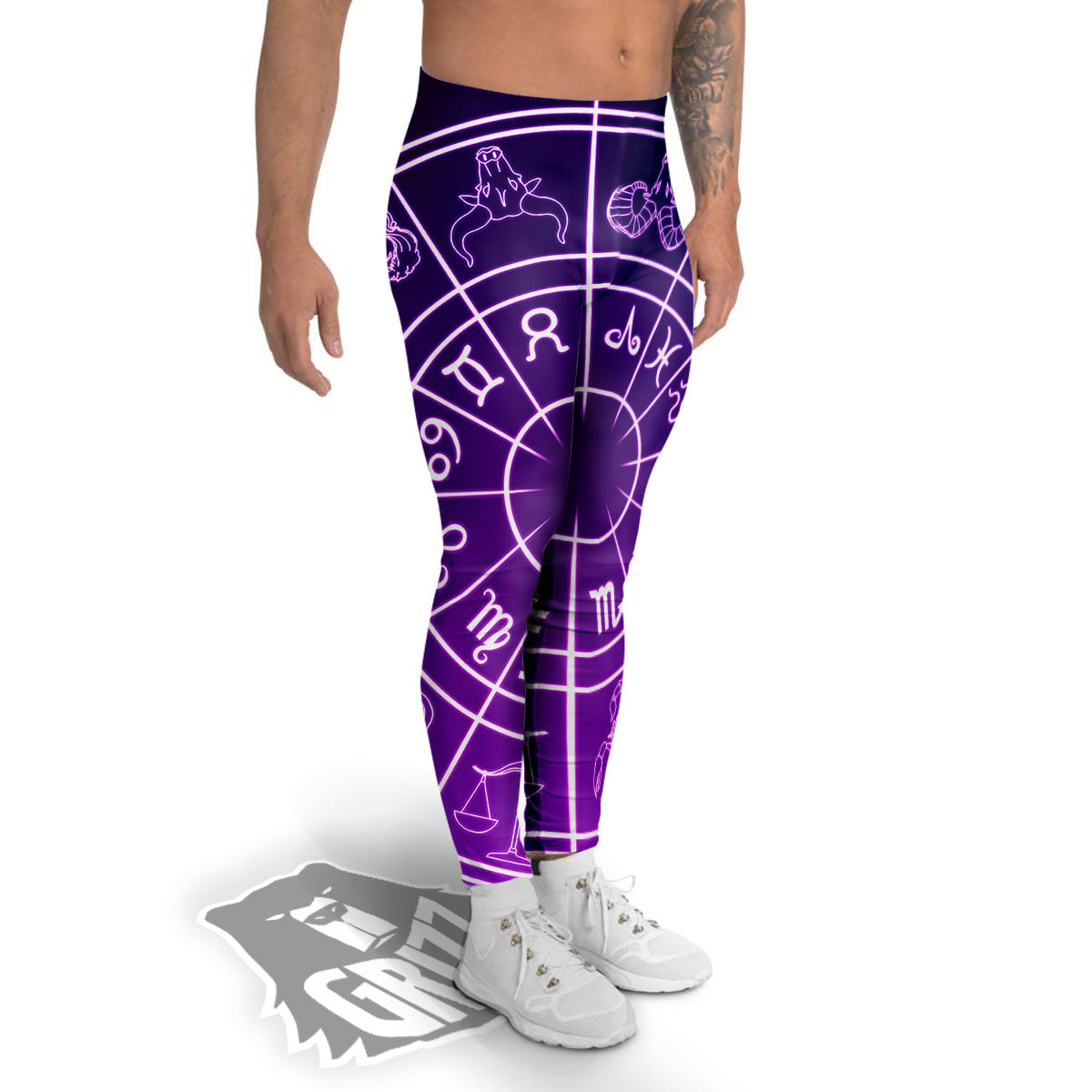 Zodiac Purple And White Signs Print Men's Leggings-grizzshop