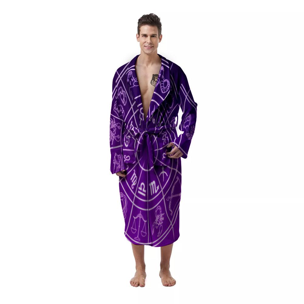 Zodiac Purple And White Signs Print Men's Robe-grizzshop