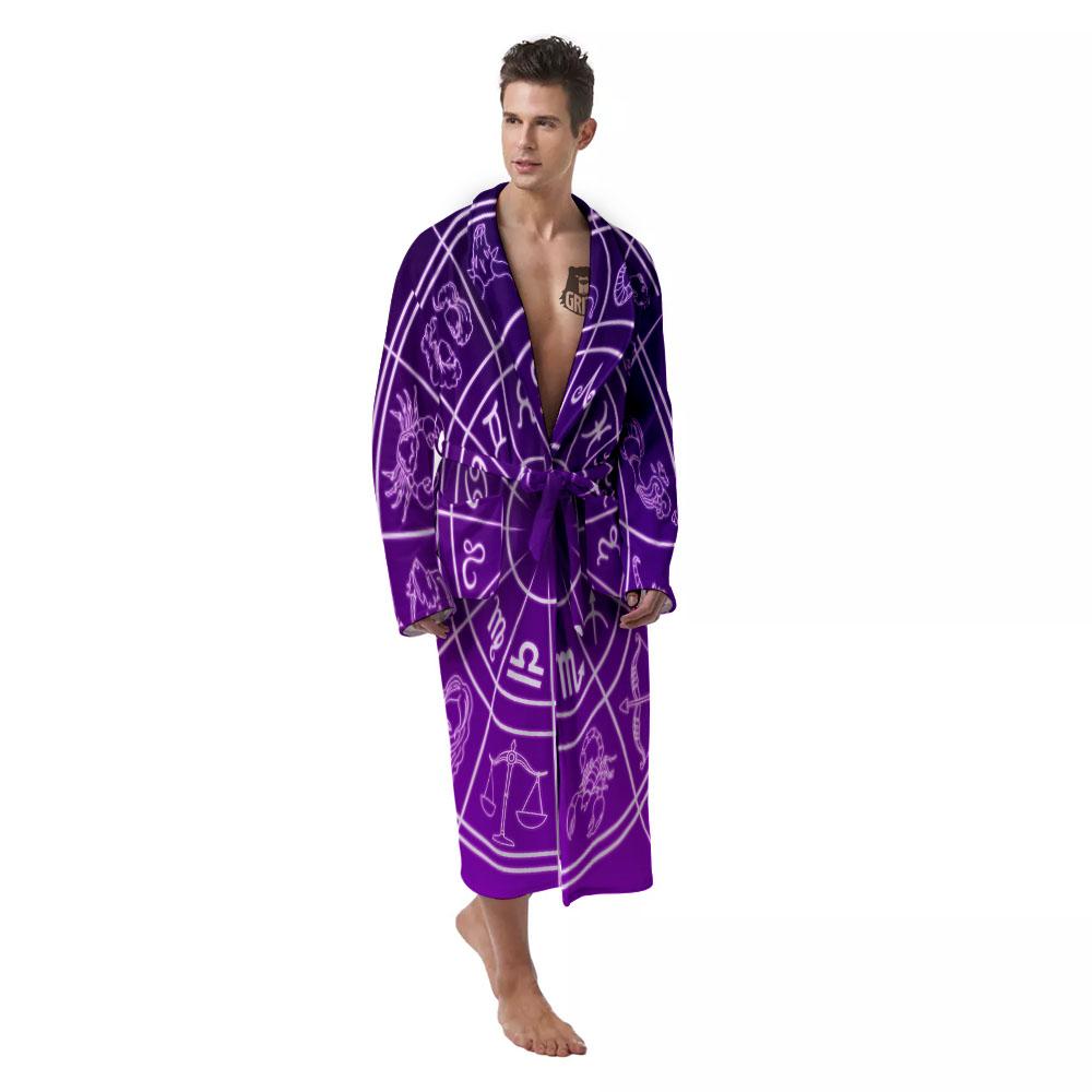 Zodiac Purple And White Signs Print Men's Robe-grizzshop