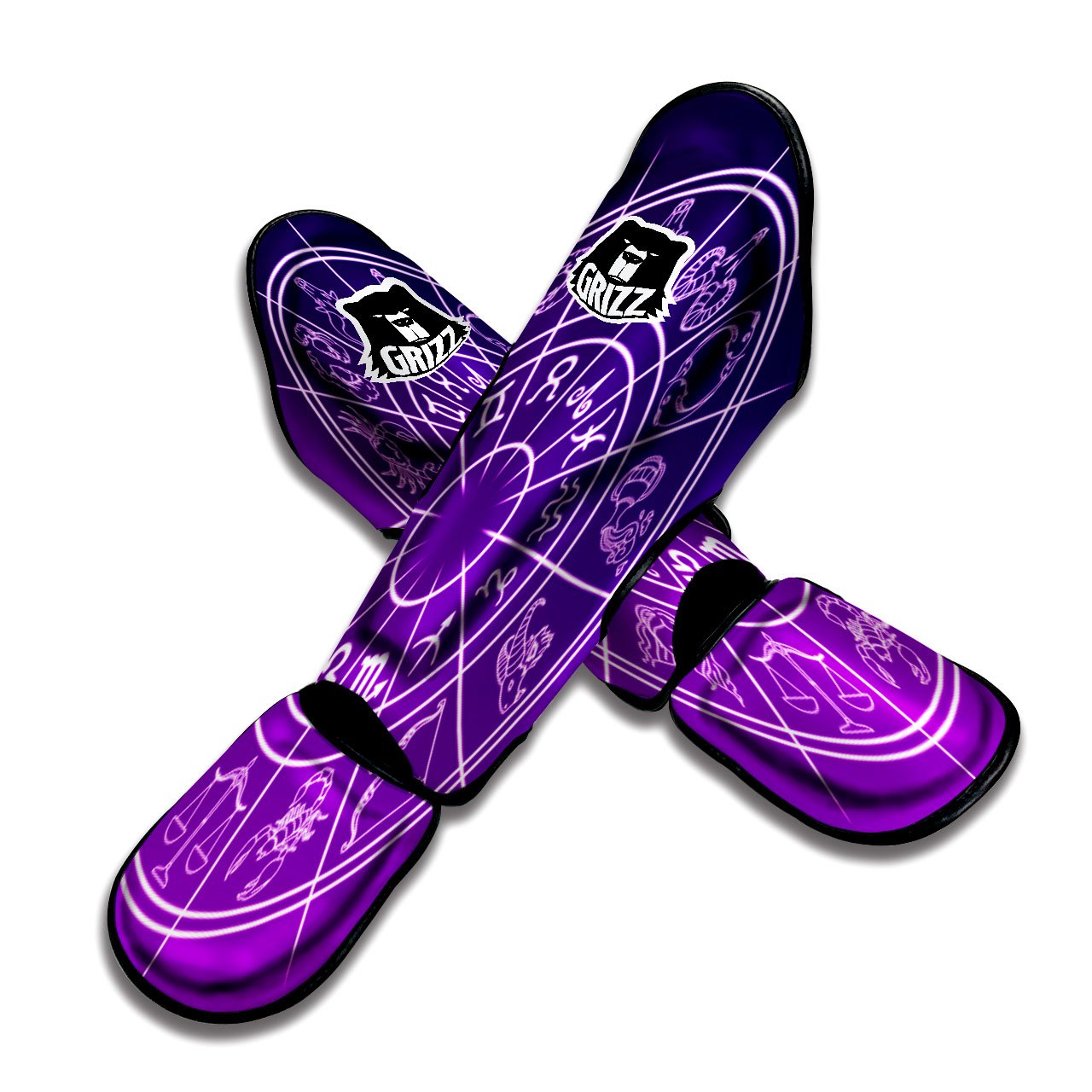 Zodiac Purple And White Signs Print Muay Thai Shin Guards-grizzshop