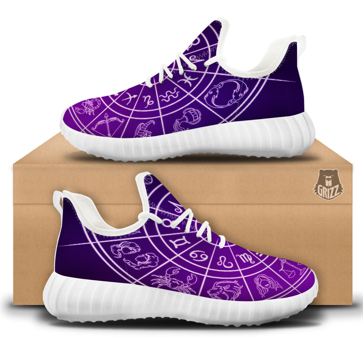 Zodiac Purple And White Signs Print White Walking Shoes-grizzshop