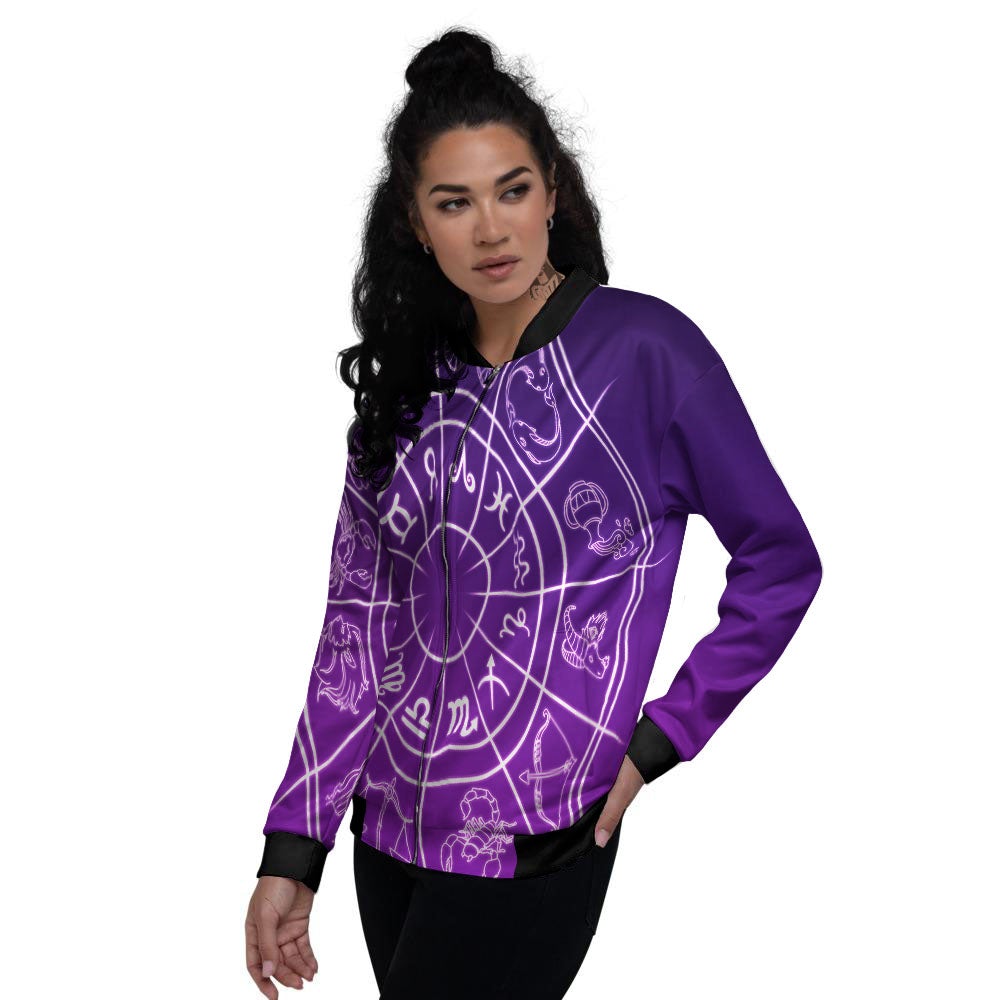 Zodiac Purple And White Signs Print Women's Bomber Jacket-grizzshop