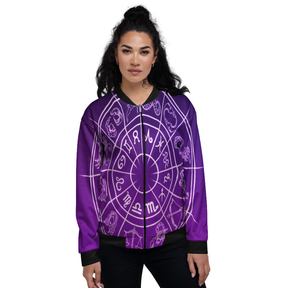 Zodiac Purple And White Signs Print Women's Bomber Jacket-grizzshop