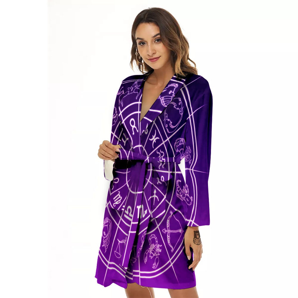 Zodiac Purple And White Signs Print Women's Robe-grizzshop