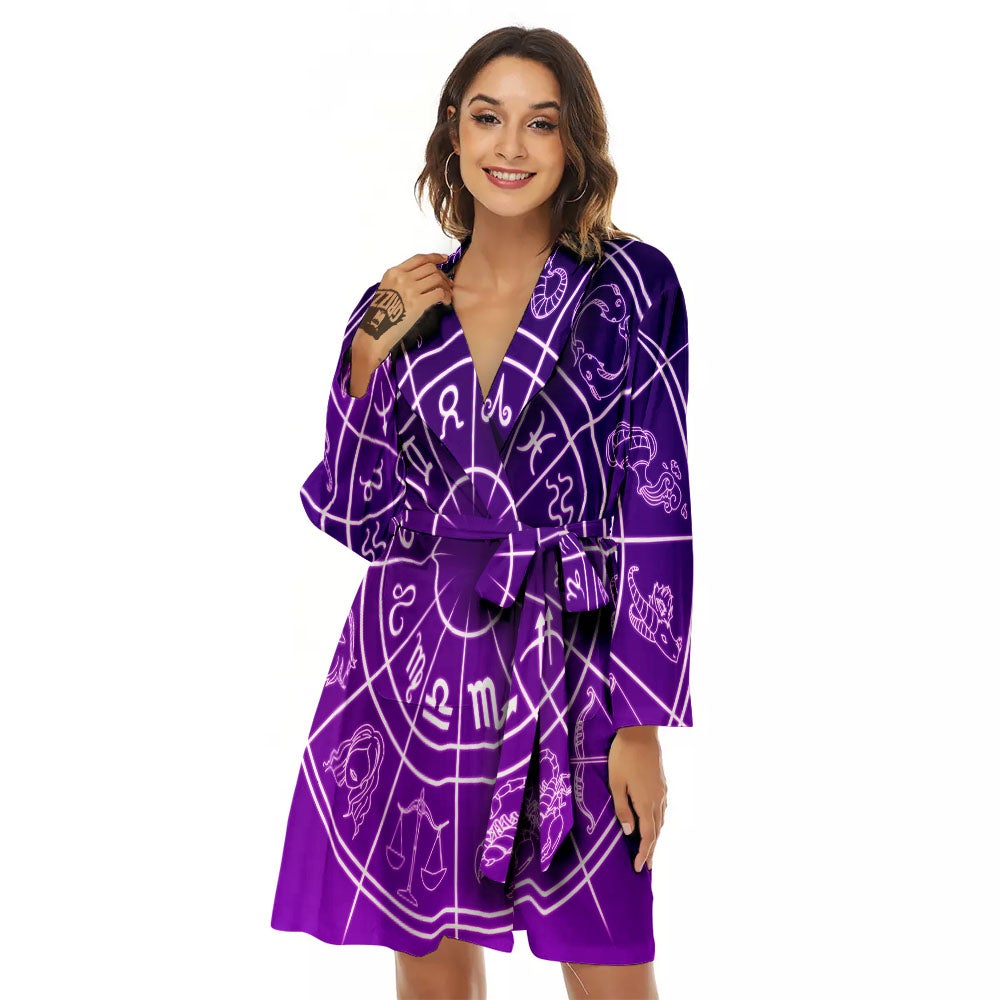 Zodiac Purple And White Signs Print Women's Robe-grizzshop