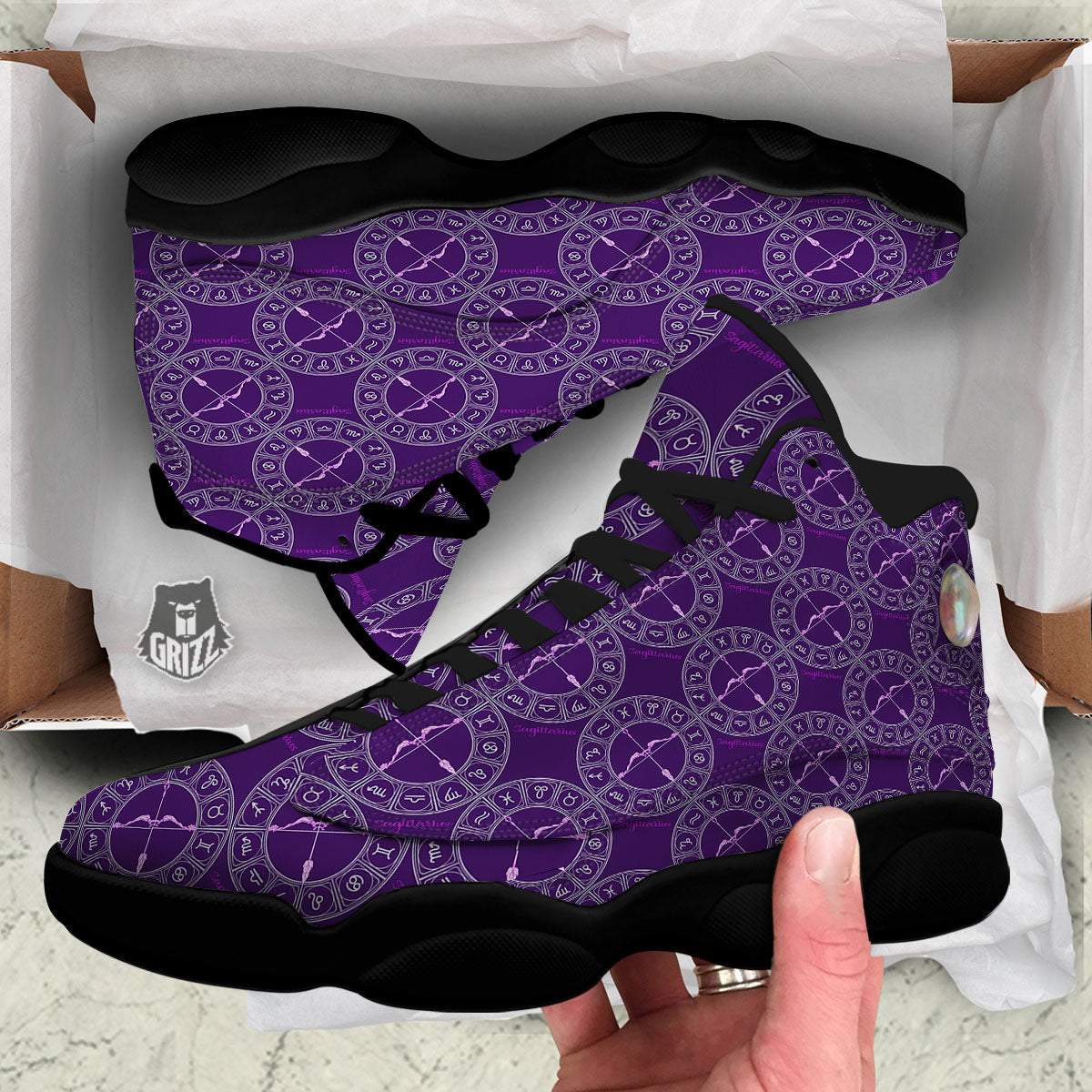 Zodiac Sagittarius Purple Print Pattern Black Basketball Shoes-grizzshop