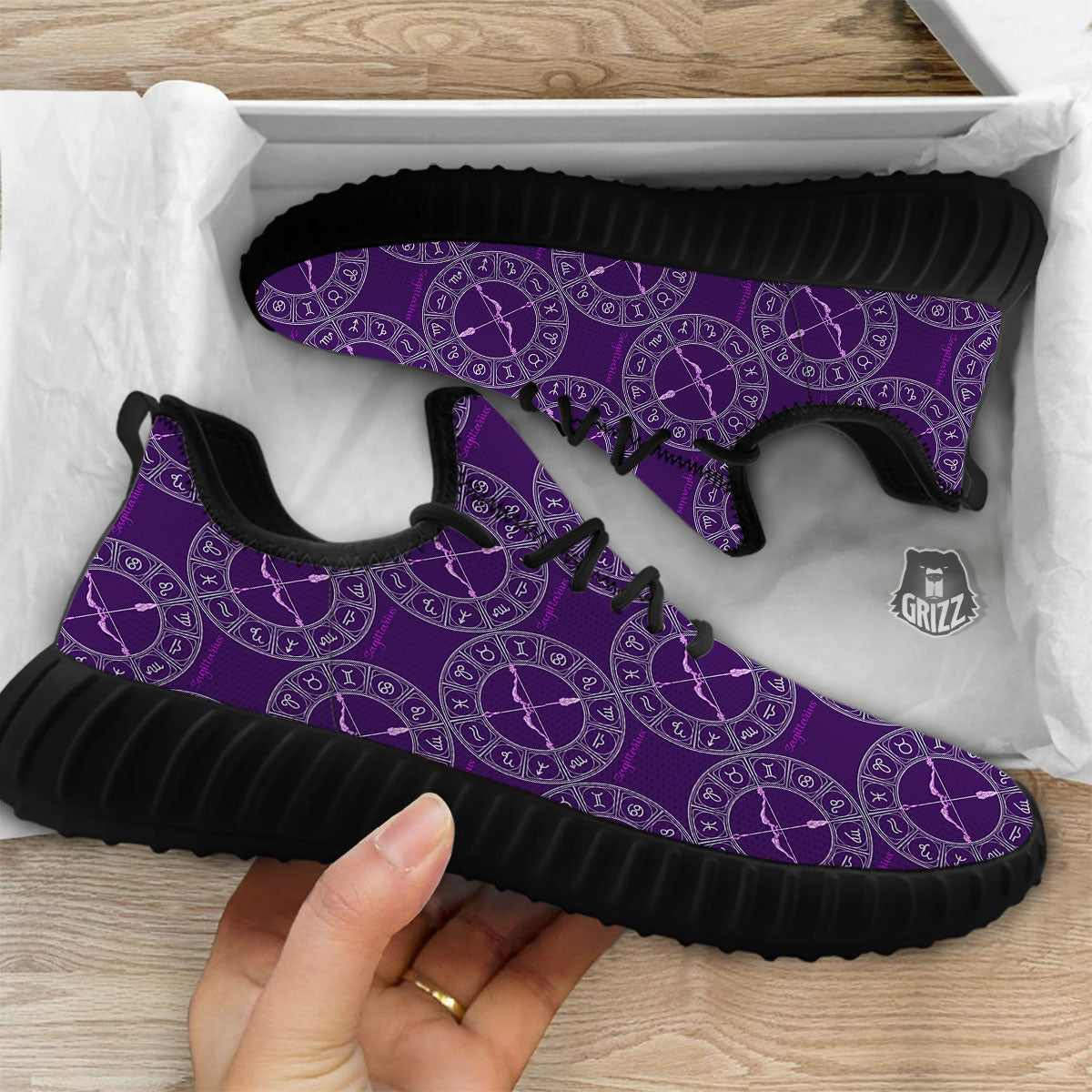 Zodiac Sagittarius Purple Print Pattern Black Walking Shoes-grizzshop
