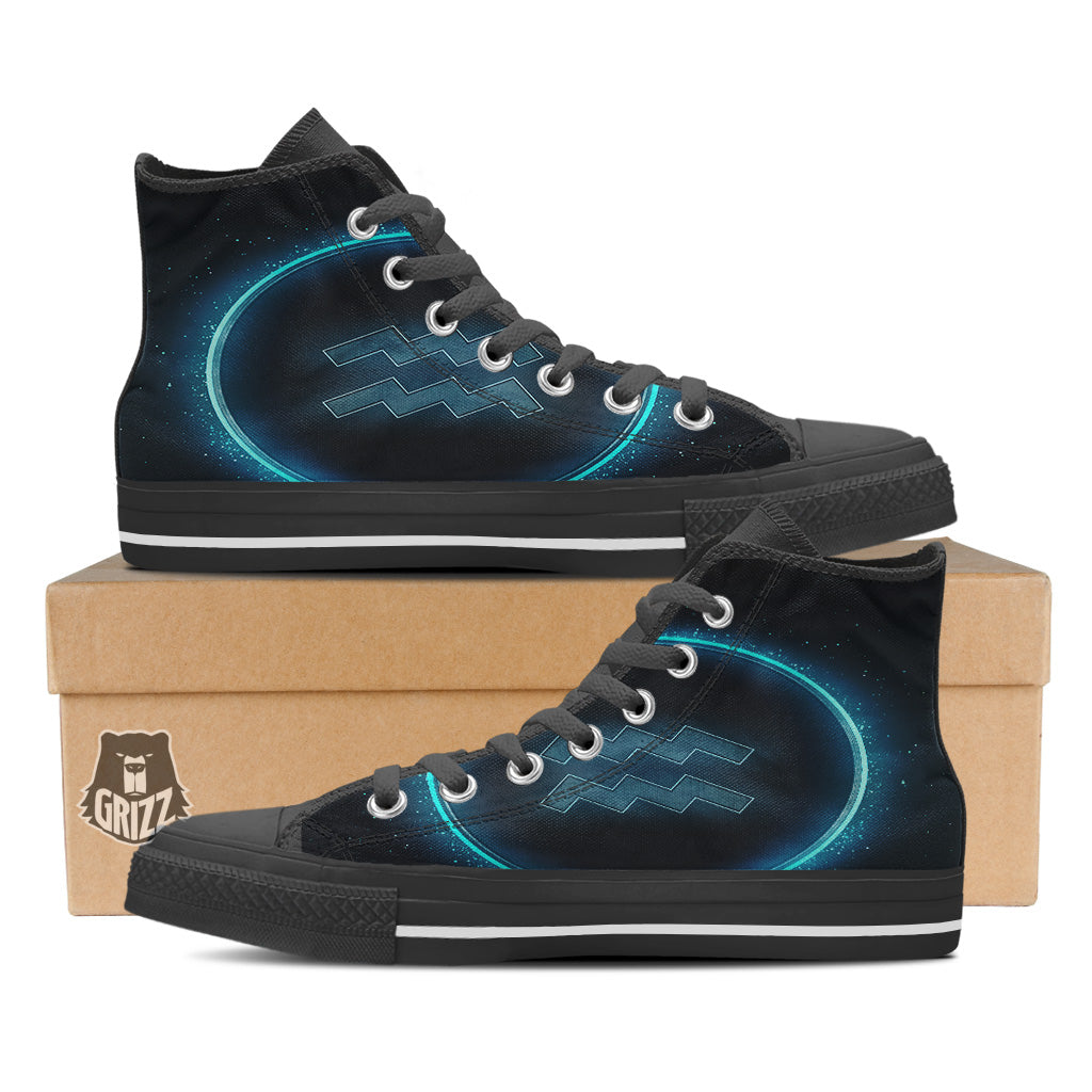 Zodiac Sign Blue Aquarius Print Black High Top Shoes-grizzshop