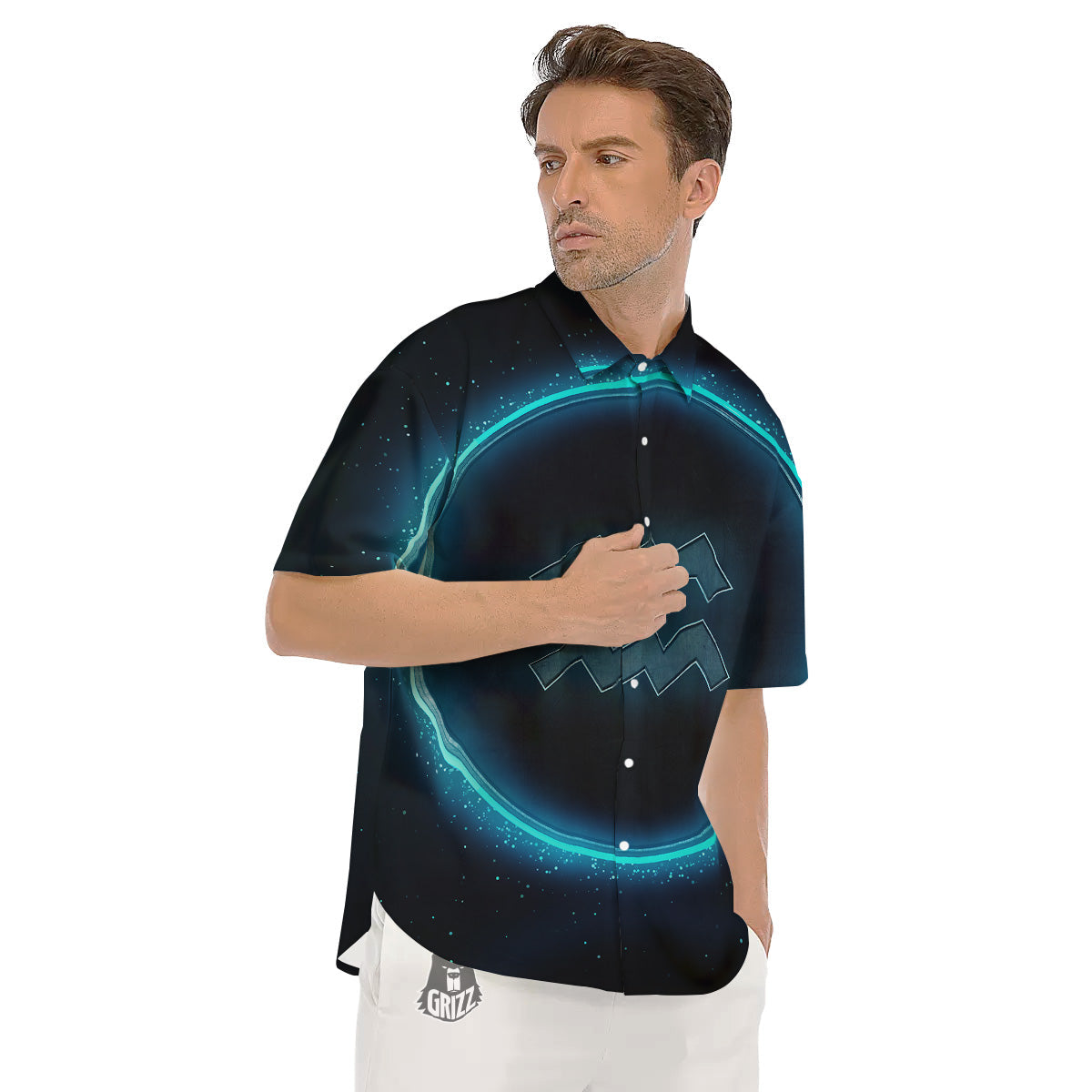 Zodiac Sign Blue Aquarius Print Men's Short Sleeve Shirts-grizzshop