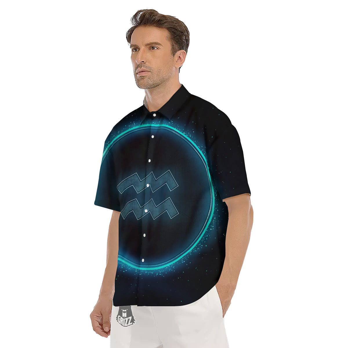 Zodiac Sign Blue Aquarius Print Men's Short Sleeve Shirts-grizzshop