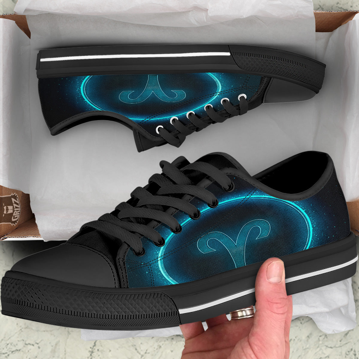 Zodiac Sign Blue Aries Print Black Low Top Shoes-grizzshop