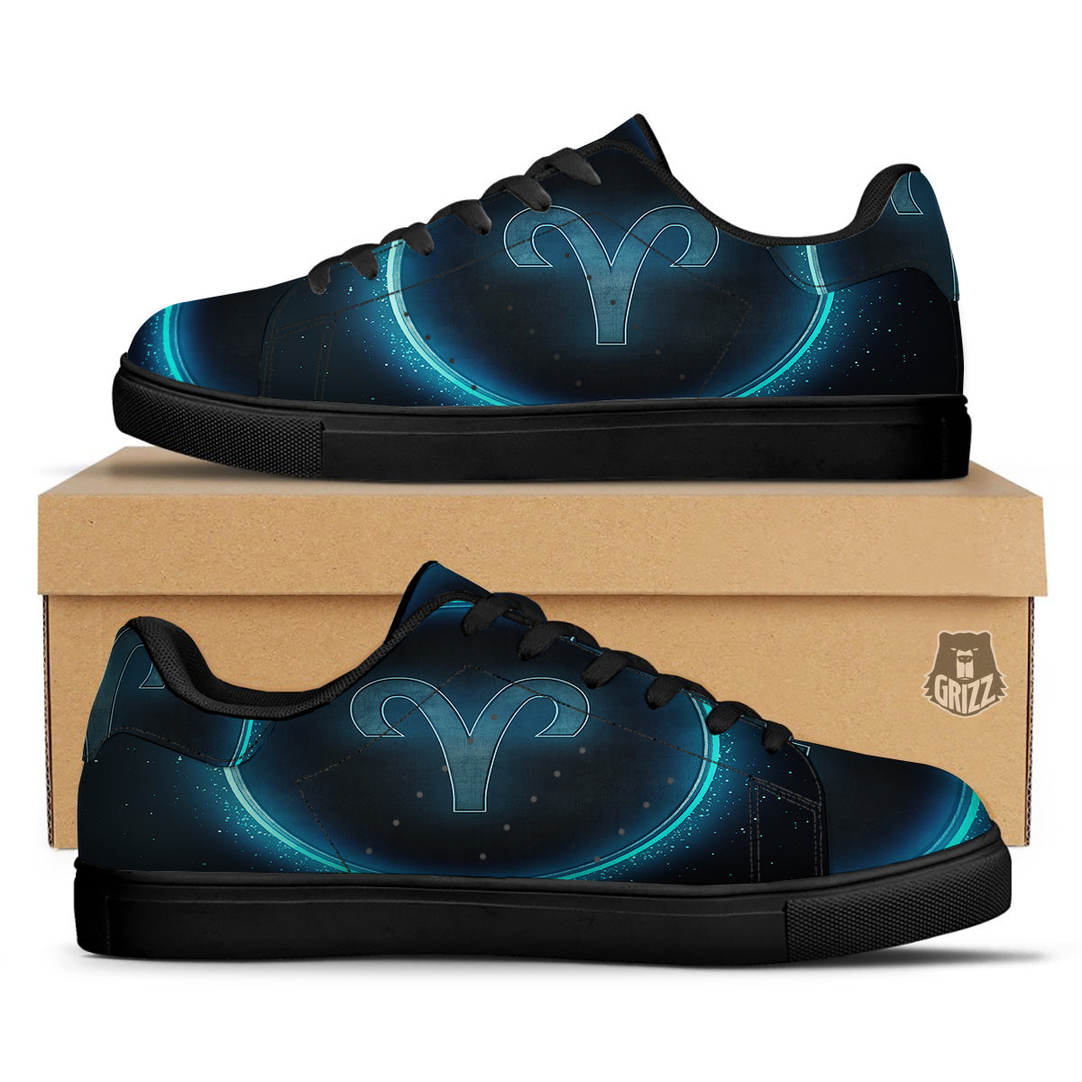 Zodiac Sign Blue Aries Print Black Low Top Sneakers-grizzshop