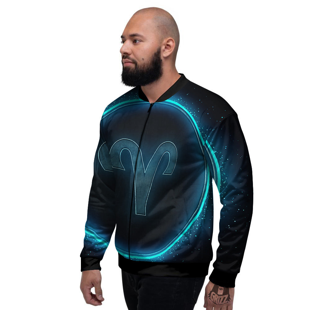 Zodiac Sign Blue Aries Print Men's Bomber Jacket-grizzshop