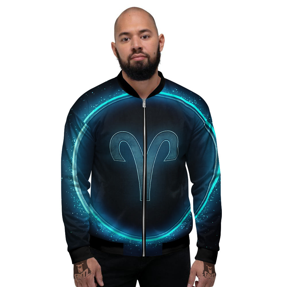 Zodiac Sign Blue Aries Print Men's Bomber Jacket-grizzshop