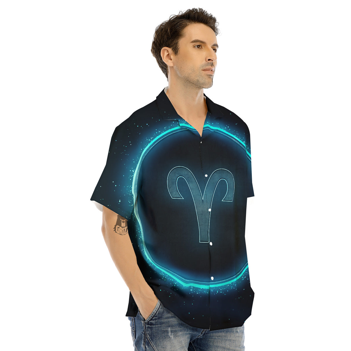 Zodiac Sign Blue Aries Print Men's Hawaiian Shirt-grizzshop