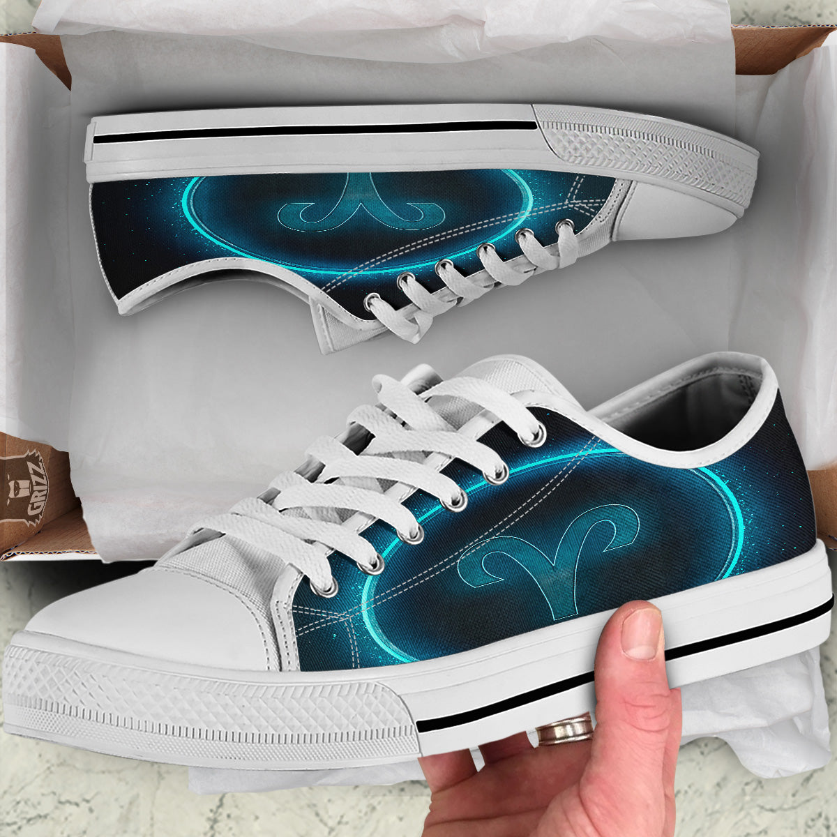 Zodiac Sign Blue Aries Print White Low Top Shoes-grizzshop