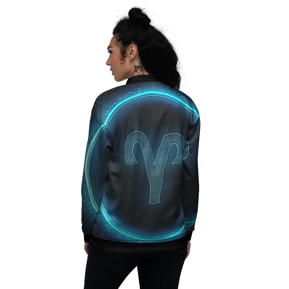 Zodiac Sign Blue Aries Print Women's Bomber Jacket-grizzshop