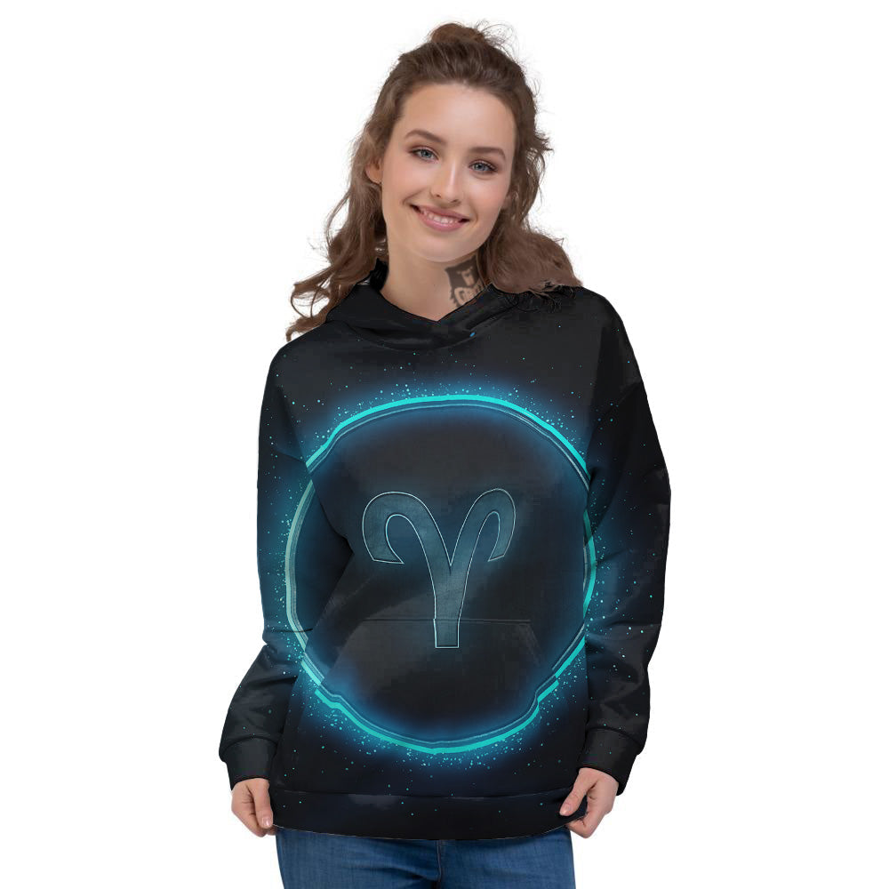 Zodiac Sign Blue Aries Print Women's Hoodie-grizzshop