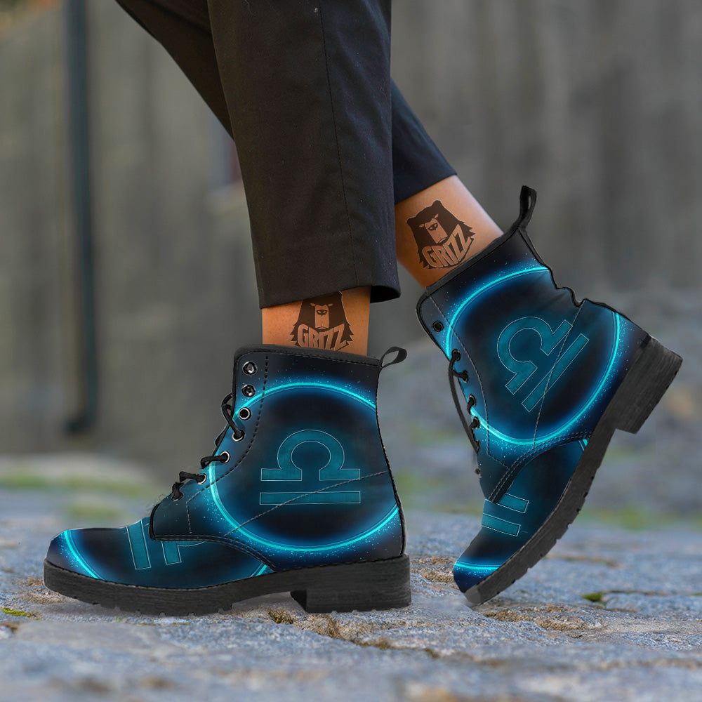 Zodiac Sign Blue Libra Print Leather Boots-grizzshop