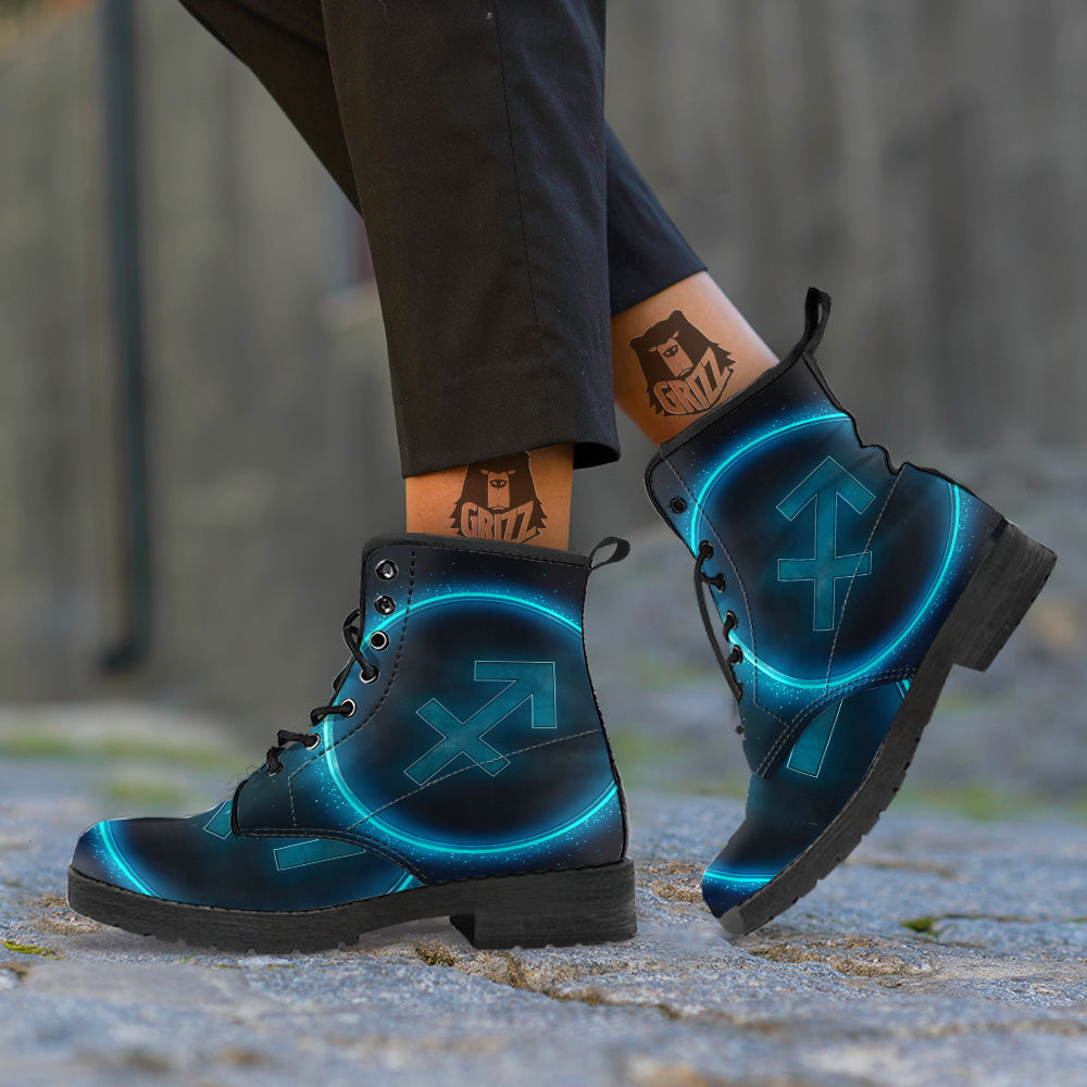 Zodiac Sign Blue Sagittarius Print Leather Boots-grizzshop
