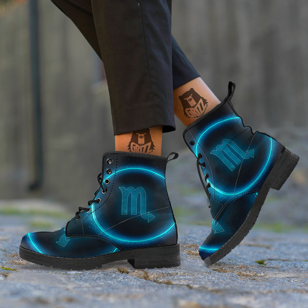 Zodiac Sign Blue Scorpio Print Leather Boots-grizzshop