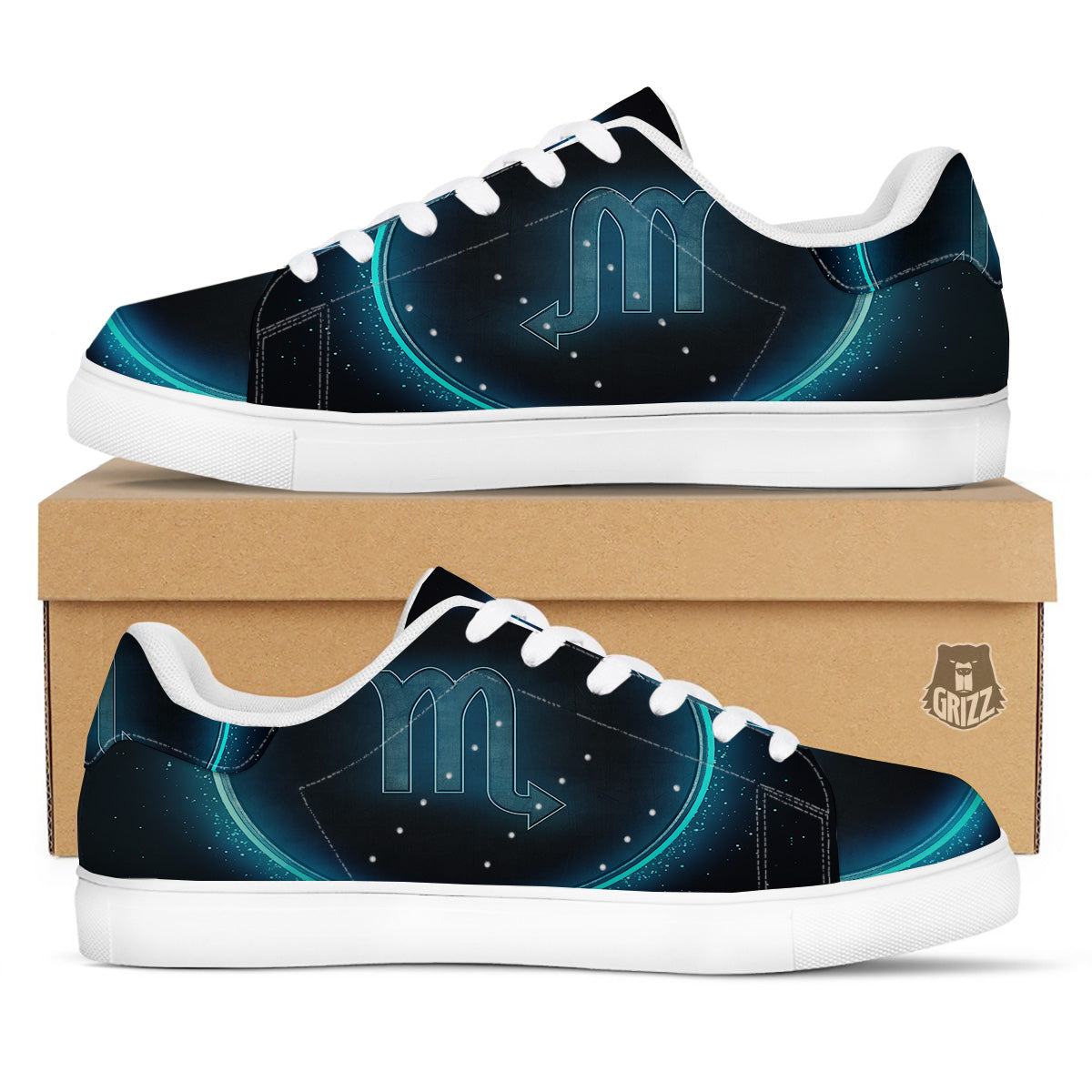 Zodiac Sign Blue Scorpio Print White Low Top Sneakers-grizzshop