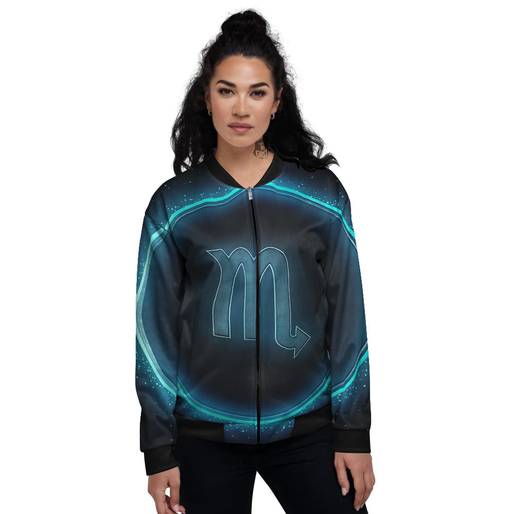 Zodiac Sign Blue Scorpio Print Women's Bomber Jacket-grizzshop