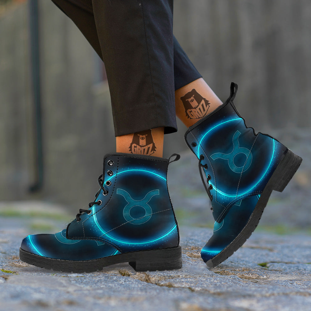 Zodiac Sign Blue Taurus Print Leather Boots-grizzshop