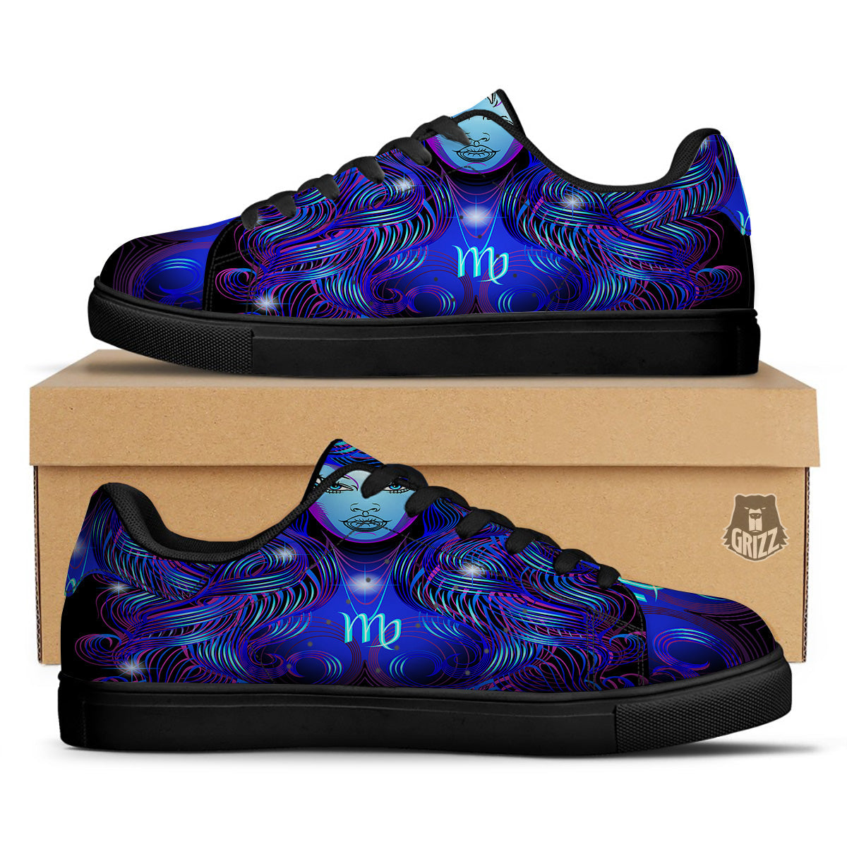 Zodiac Sign Blue Virgo Print Black Low Top Sneakers-grizzshop