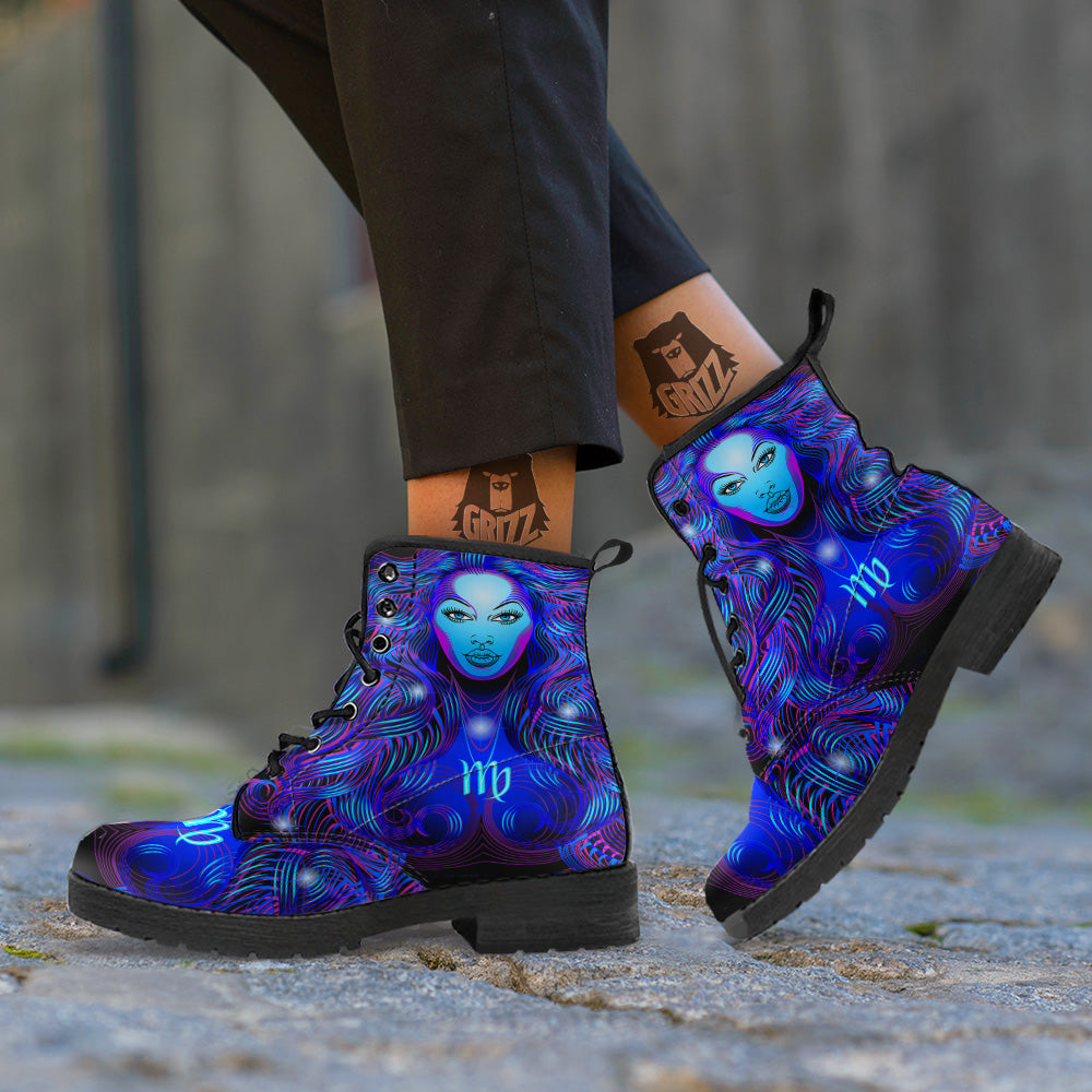 Zodiac Sign Blue Virgo Print Leather Boots-grizzshop