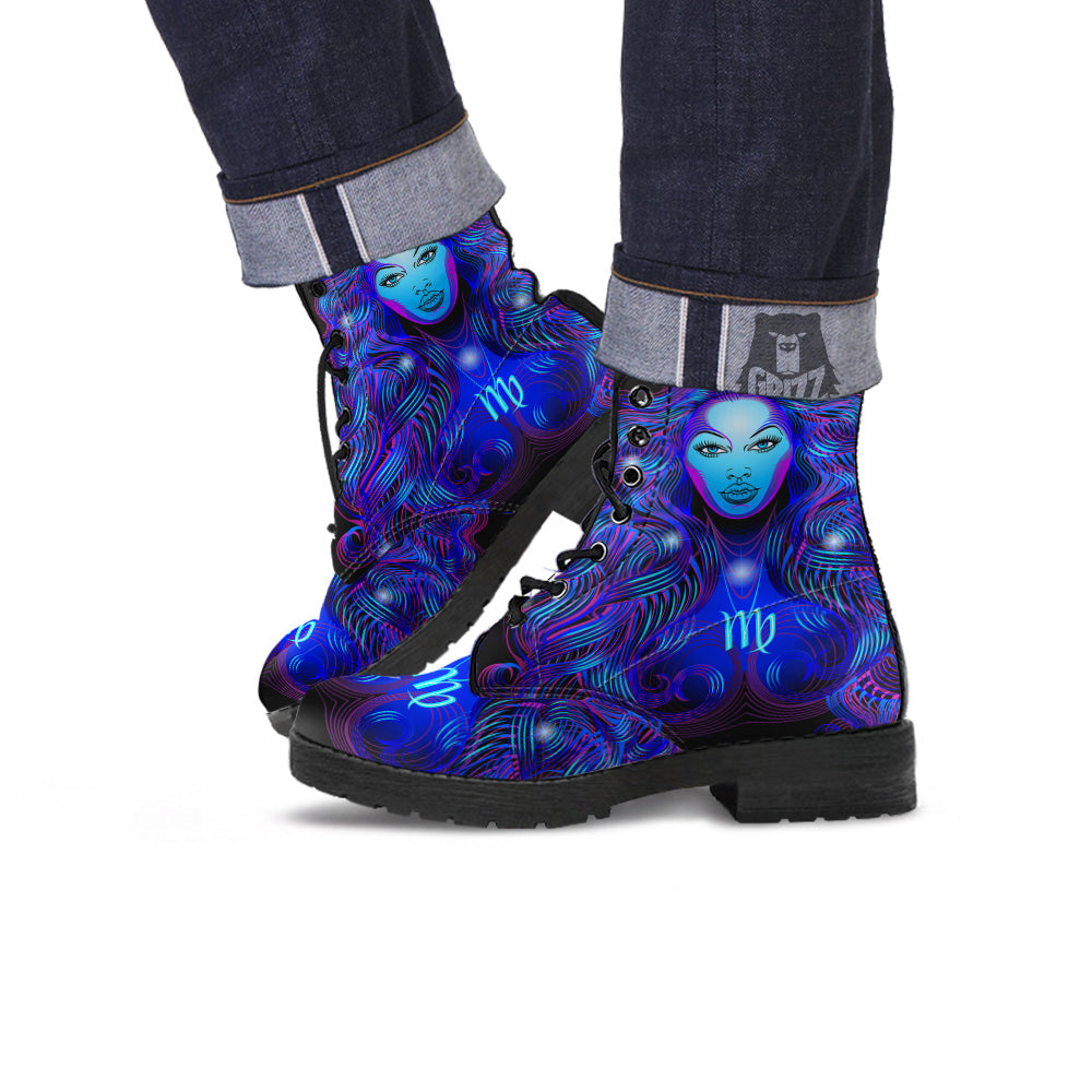 Zodiac Sign Blue Virgo Print Leather Boots-grizzshop
